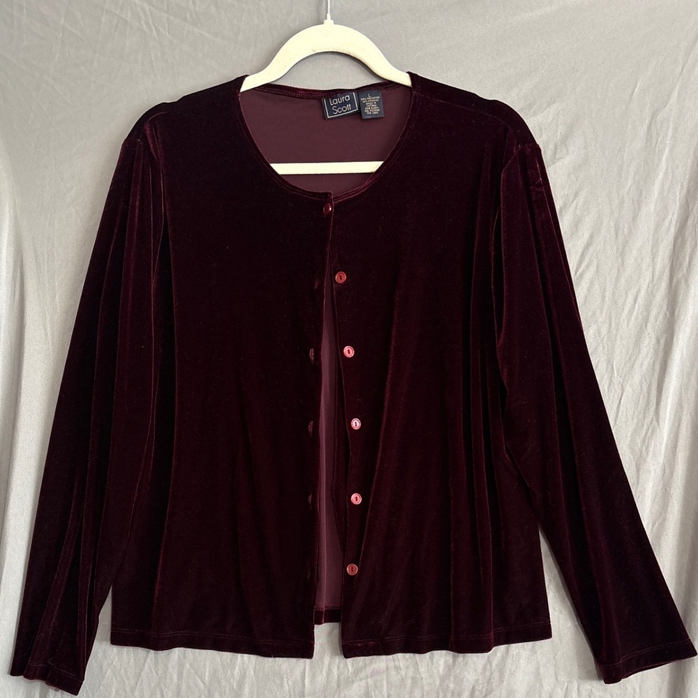 VTG Laura Scott Burgundy Velvet Cardigan Button Front Wine Red L Vampy Whimsy